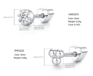 Vista detallada de pendientes moissanite S925 con dimensiones y cierre de corazón.