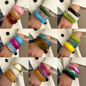 Vintage Chunky Harz Offener Armreif Für Damen Unregelmäßiger Geometrischer Gefärbter Acryl Armband Bunter Mode Schmuck