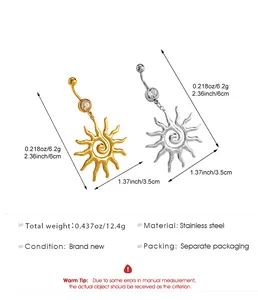 Detailed view of two sun swirl stainless steel navel rings with measurement specifications
