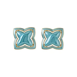 Exquisite star flower stud earrings with light blue enamel and gold trim