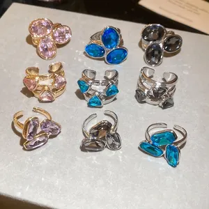 Vintage Luxury Alloy Rhinestone Oval Open Ring For Women Adjustable Geometric Index Finger Ring Retro Fashion Jewelry Accessories