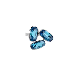 Silver-tone open ring with three blue crystal octagon clusters for women
