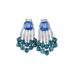 Elegant silver needle oval blue stone pendant earrings with shimmering crystal accents