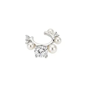 Korean style asymmetrical zircon and pearl ear cuff for non-pierced ears in silver