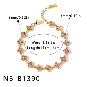 Bracciale in acciaio inossidabile dorato con fiori di strass rosa e dimensioni precise