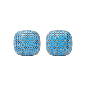Elegant square stud earrings featuring a blue turquoise mosaic pattern and silver-tone base.