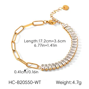 Stainless steel zirconia bracelet detail showing measurements and gold-plated finish