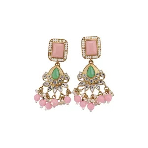 Vintage palace style dangling earrings with pink stones and green teardrop crystals