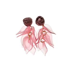 Handmade fabric rose earrings with pink translucent acrylic leaf tassels in Mori style.