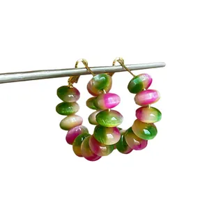 Elegant rainbow gradient resin beaded hoop earrings with stylish golden metal hooks
