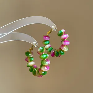 Gradient Pink Green Resin Beaded Hoop Earrings With Silver Earring Post Elegant Round Beaded Dangle Earrings For Women Jewelry