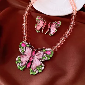Vintage Butterfly Alloy Rhinestone Stud Earrings And Pendant Necklace For Women Elegant Retro Fairy Colorful Accessory Gift