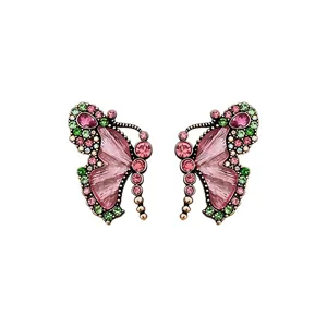 Vintage style colorful butterfly stud earrings with sparkling crystals and pink wings