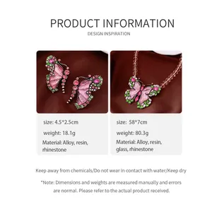 Detailed product information for vintage butterfly jewelry set with pink rhinestones.
