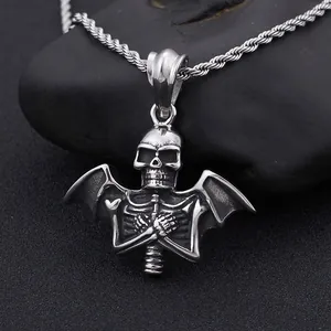 Men's gothic punk skull and bat wing pendant necklace made of vintage stainless steel