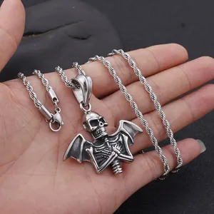 Dark punk style skeleton bat wing pendant in vintage titanium steel hip-hop necklace for men.