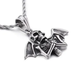 Gothic stainless steel skeleton bat wing pendant necklace for men in vintage finish.