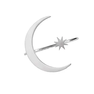 Detailed close-up view of a stainless steel moon and star open ring in silver finish