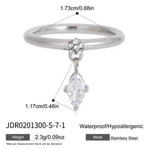Roestvrijstalen ringdetails met marquise zirkoon hanger en afmetingen van de maat