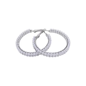 Elegant silver needle hoop earrings with a double row of white pearls for women