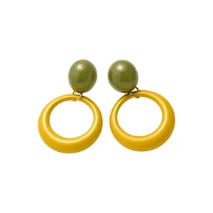 Retro olive green and yellow resin hoop drop earrings with silver needles