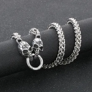 Vintage punk skull pendant necklace with titanium steel franco bone chain for men jewelry