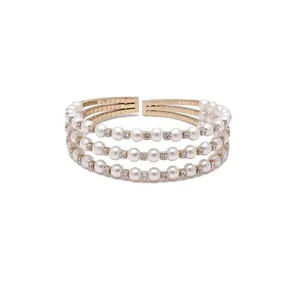 Elegante bracciale aperto multistrato con perle e zirconi stile francese per donna, oro