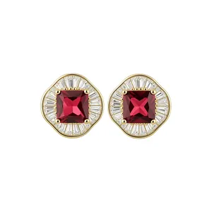 Vintage χρυσά σκουλαρίκια με τετράγωνο κόκκινο ζιργκόν και φωτοστέφανο από πέτρες μπαγκέτα