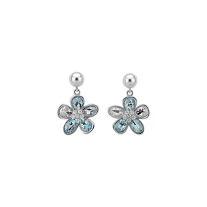 Elegant flower drop earrings with blue crystals and pearls in silver finish