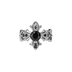 Gothic silver-toned ring featuring a black central zircon with cross fleur-de-lis