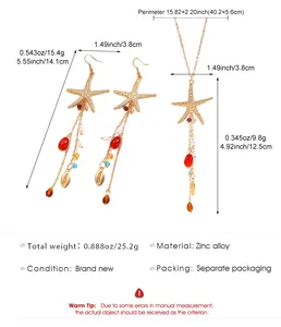 Vue détaillée des dimensions du parure de bijoux étoile de mer et boucles d'oreilles