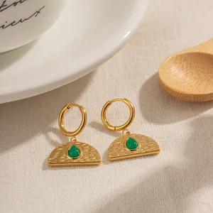 18k gold plated stainless steel hoop earrings with green teardrop gem and hammered pendant