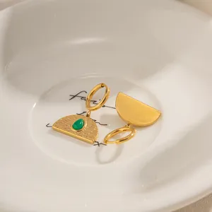 Vintage 18k gold plated stainless steel hoop earrings with green teardrop gemstones
