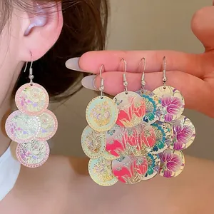 Pendientes de Gancho con Flecos de Flores Redondas con Estampado de Esmalte Estilo Chino Joyería Colgante de Hierro para Mujer
