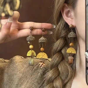 Vintage Ethnic Wood Pine Cone Tassel Drop Earrings For Women Handcrafted Leaf Dangle Earrings Silver Earring Post Jewelry Gift