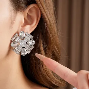 Luxury oversized cubic zirconia geometric cluster stud earrings with silver needle