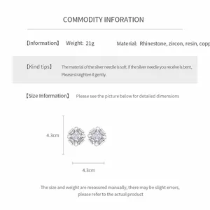 Detailed product information for rhinestone and zircon earrings showing 4.3cm dimensions.