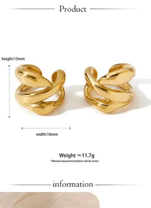 Product detail showing dimensions of gold-toned geometric 316L stainless steel ear cuffs