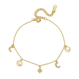 Elegant 18K gold-plated stainless steel anklet with celestial sun moon star charms