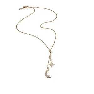 Elegant 18k gold plated necklace with zircon studded moon and star star pendants