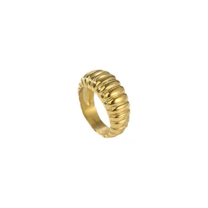 Minimalist gold stainless steel croissant ring with textured ribbed design on white background