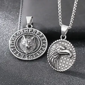 Vintage Viking wolf head and eagle pendant necklace in stainless steel