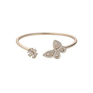 Elegant rose gold butterfly and flower cuff bangle embellished with sparkling clear zircons