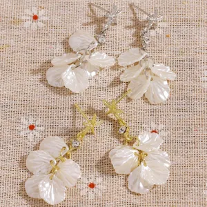 French style starfish and white shell petal tassel earrings in gold and silver finish