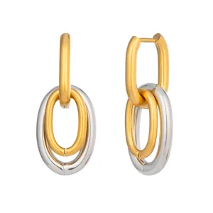 Minimalist two-tone 18K gold and silver stainless steel U-shaped link drop earrings for women.