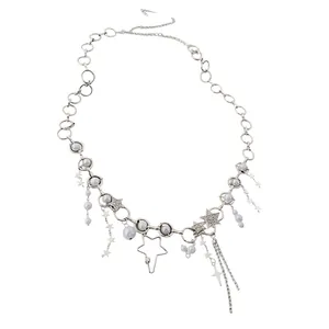 Modische silberne Taillenkette mit Sternen, Perlen und Quasten, trendiger Körperschmuck