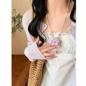 Handmade Woven Flower Pendant Necklace Ceramic Wood Bead Rhinestone Bohemian Style Clavicle Chain For Women Vacation