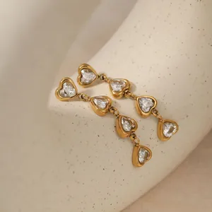 Elegant 316 stainless steel long dangling earrings with sparkling heart-shaped zircons.
