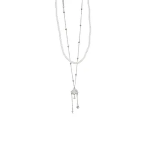 Elegant Korean style layered necklace with zircon cloud pendant and white pearls detail