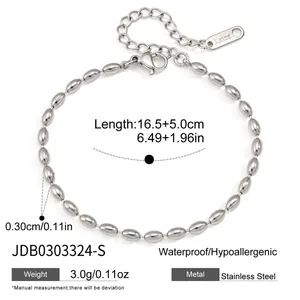 Vue détaillée du bracelet en acier inoxydable à perles ovales avec mesures